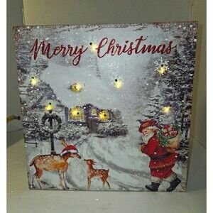 LED Lighted Christmas Canvas Wall Decor Santa Claus Vertical Battery 10 in